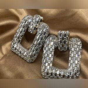 Silver Crystal Pave Square Drop Earrings - Elegant Women Jewelry